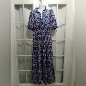 Max Studios Large Floral Tie-Front Puff Sleeve Maxi Dress